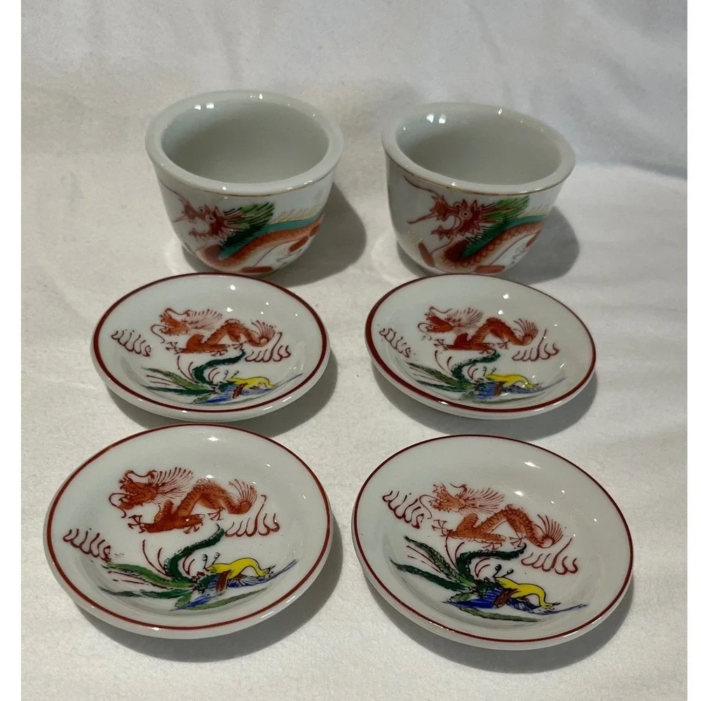 Vintage Chinese Porcelain Dragon Phoenix Tea Cup and Saucer Set of 6 Handpainted